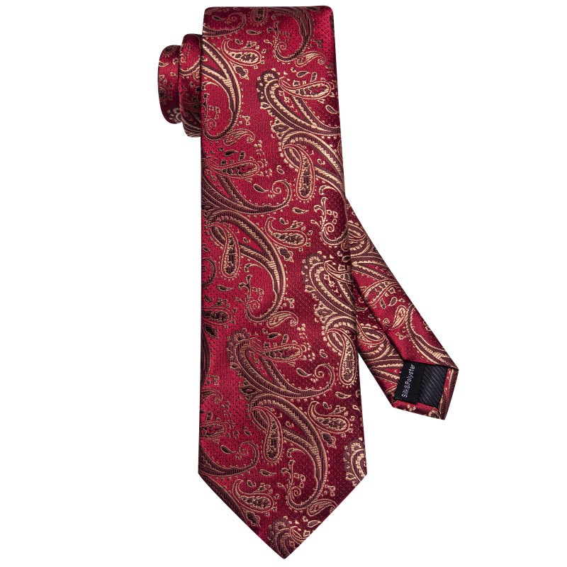 Hi-Tie ربطات عنق حرير هاي-تاي للرجال مجموعة ربطة عنق ومنديل جيب وأزرار أكمام مزينة بنقوش بايزلي رسمية للأعمال، ذهبي أحمر - Image 4